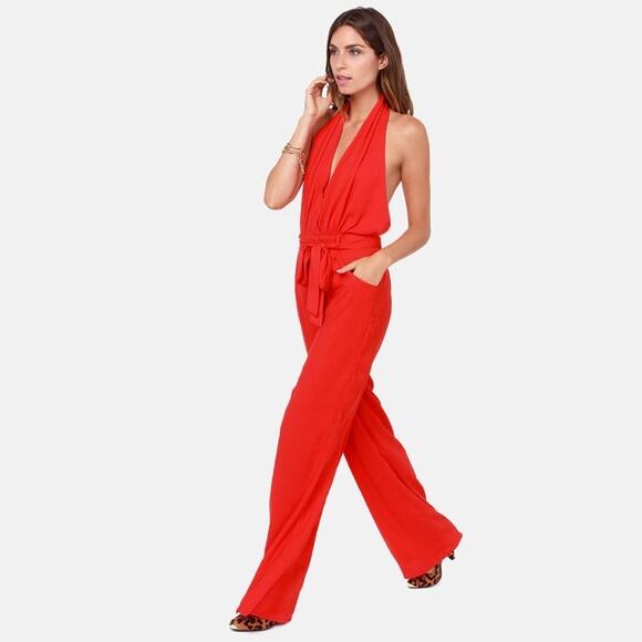 Lulus Red Halter Backless Sleeveless Jumpsuit Pants Cocktail - Picture 8 of 12